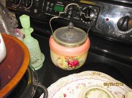 GREEN GLASS, ANTIQUE KITCHEN ITEMS