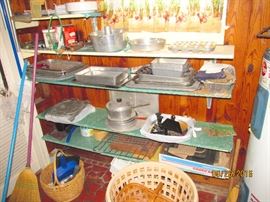 VARIOUS POTS, PANS, CUTTING BOARDS, BAKING PANS, BROOMS, CAKE PANS