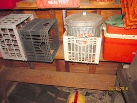 PLASTIC CRATES, COOLER, METAL TRASH CAN WITH LID