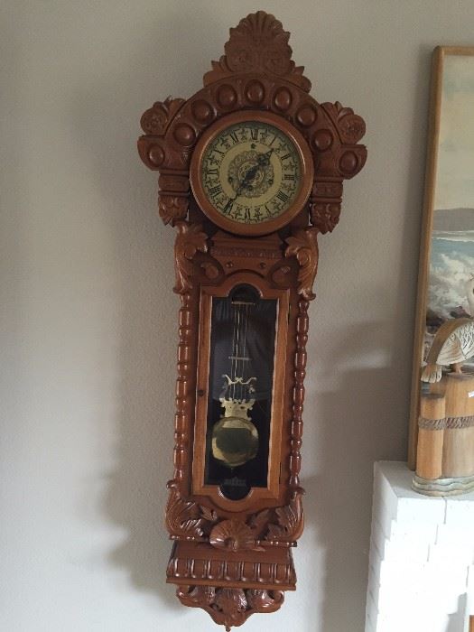 Beautiful German carved 3 wind up wall clock. Very soothing charms. 