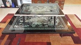 Vintage Korean black lacquer table set with faux Mother of Pearl inlay