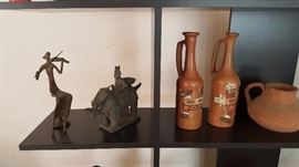 Korean clay incense burner, jug, and bronze statue