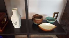 Korean pottery and wooden bowl with Mother of Pearl accent