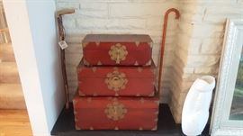 Antique Korean red wood clothing chest set