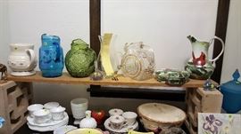 Hand painted cardinals on porcelain pitcher and matching covered dish. Hobnail milk glass, china and porcelain, pottery and glass ware.