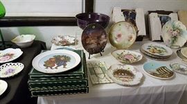 Hand painted porcelain and china. Collectors plates in series, new in box. Pottery bowl.
