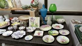 Beautiful hand painted plates with floral designs. Nippon, Noritake, 1940's water pitcher, Hand blown and cut crystal.