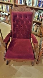 Victorian platform rocker newly upholstered. Oak carved wood trim.