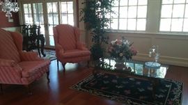 Queen Anne wingback chairs Stunning coffee table and gorgeous ar