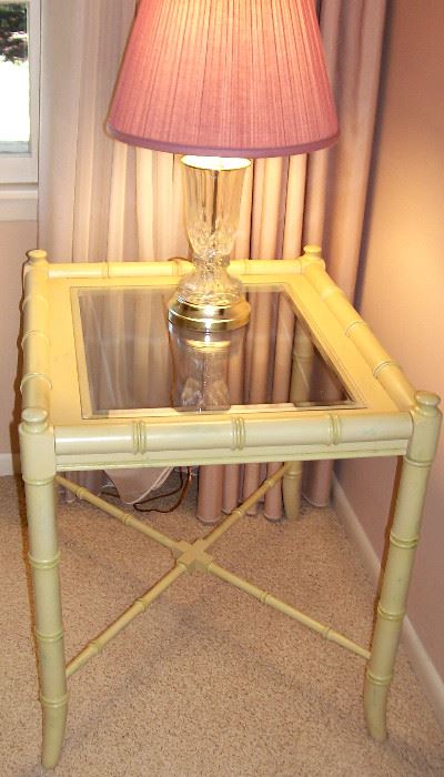  Faux bamboo bevel glass end table & glass base lamp