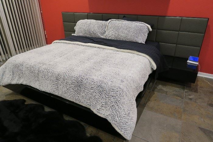"Allura" King size Tempurpedic cloud mattress.  Headboard 132'' Wide x 44'' H. Attached Night Stand depth from Headboard 23 1/2''.  Depth of entire unit 87'' from head to foot.  Sharon platform bed by Sharelle furnishings