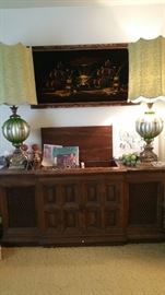 Radio cabinet, velvet picture, lamps, beatles records