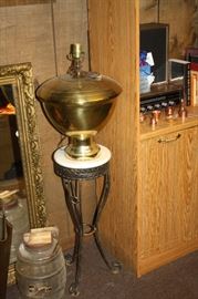Large brass lamp and brass and marble plant stand