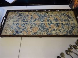 Antique Mahogany tray. Cut and pierced edge with antique Chinese embroidered silk in blues and salmon colors. Excellent condition. 