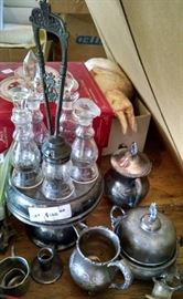 full silver plate butter, sugar, creamer, cruet set with stand 