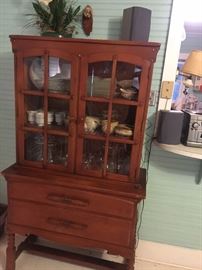 WOOD CHINA CABINET FULL OF GLASS ITEMS