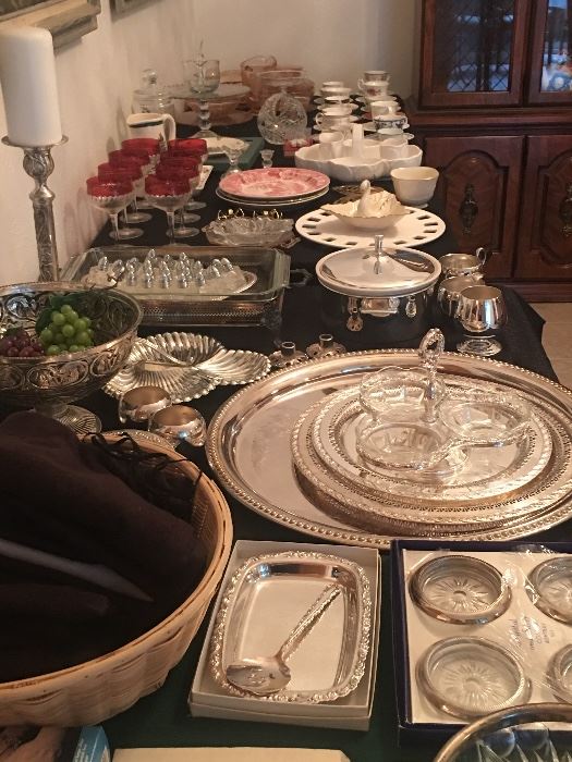 Serving ware , Silverplate, glassware, teacups, Crystal, pink depression glassware
