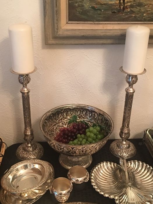 Silverplate fruit bowl and matching candles