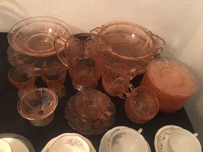 Pink depression glass cake plate, platter, plates, cups, bowls