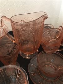 Jeanette cherry blossom pink depression glass- pitcher, bowls, platters. Serving bowls, cup and saucers