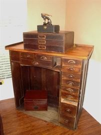 ANTIQUE WATCHMAKERS BENCH - WE HAVE ALOT OF OLD WATCHMAKERS TOOLS, CASES AND COLLECTIBLES. SCROLL THROUGH ALL OF THE PICS TO SEE MORE !  WE HAVE OTHERS THAT ARE NOT PICTURED.