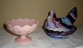 PINK MILK GLASS and PURPLE SLAG HEN ON A NEST