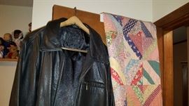 Leather coat & vintage quilt