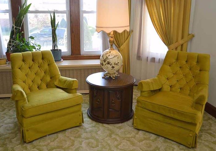 Pair of Vintage Tufted Gold Upholstered Armchairs