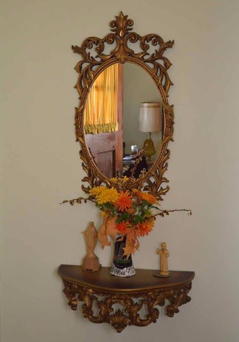 Ornately Framed Gold-Tone Wall Mirror & Shelf Set