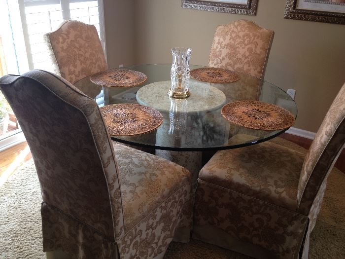 Pedestal base glass top dining table with 4 chairs 