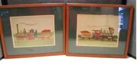 2 folk art train prints 1950's