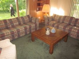 Traditional plaid sofas, coffee table