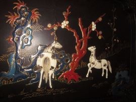 Ornate Asian Screen, Lots of inlay and detail. 4 panel screen both sides decorated