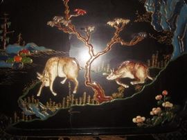 Ornate Asian Screen, Lots of inlay and detail. 4 panel screen both sides decorated
