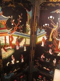 Ornate Asian Screen, Lots of inlay and detail. 4 panel screen both sides decorated