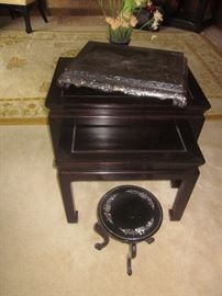 Nesting Black, Black wood nesting tables. Black Lacquer pedestal table, black lacquer w/ mother of pearl in lay square pedestal.