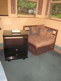 Corner rattan chair, Black Lacquer night stand (matching set)