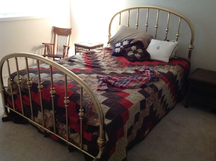 lovely queen brass bed, rocker and side wicker table