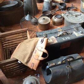 MORE ANTIQUES FROM THE ESTATE, EGG CRATE, COPPER WARE, YES AN ANTIQUE DOCTORS BAG, AND ANTIQUE MAIL BAG.