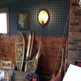 ANTIQUE SNOW SHOES, WOODEN SKIIS, EVEN A VINTAGE PRINT OF TEDDY