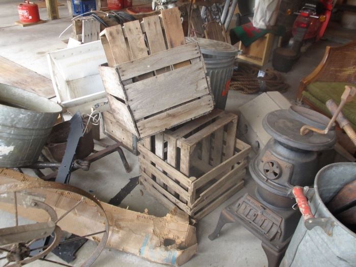 YES LOOK AT THE STUFF YOU SEE, ANTIQUE EGG CRATES, CAST IRON STOVE,