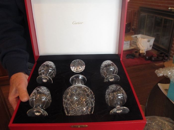 Cartier Crystal Decanter & Four Cordial Glasses with Original Case
