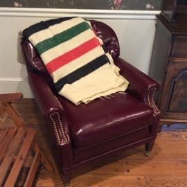 VINTAGE ETHAN ALLEN CHURCHILL LEATHER CHAIR, AND VINTAGE INDIAN BLANKET
