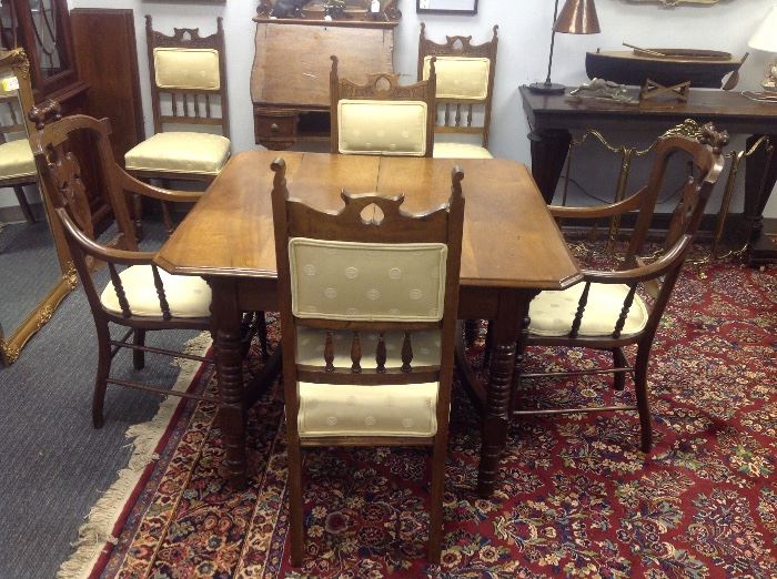 Antique Walnut Gate Leg Table w/ Three Leaves, Two Walnut Upholstered Seat Dining Arm Chairs and Four Walnut Upholstered Back/Seat Dining Side Chairs 