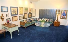 Octagonal mirrored table is 59 1/2" in diameter.