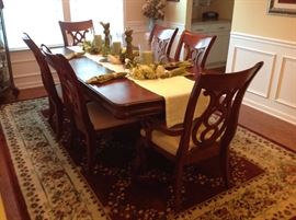 Dining Table w/ Two Leaves, Table Pads, One Dining Arm Chair and Five Dining Side Chairs