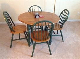 Green Painted & Maple Top Drop-Leaf Table and Four Green Painted & Maple Seat Side Chairs 