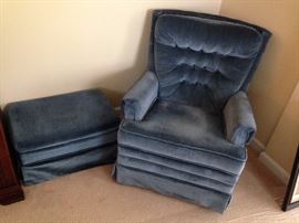 Sears Blue Crushed Velvet Upholstered Swivel Chair and Ottoman  