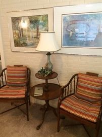 Matching cane chairs; 2-tiered table