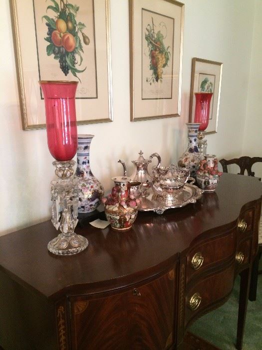 Gorgeous sideboard; cranberry lusters